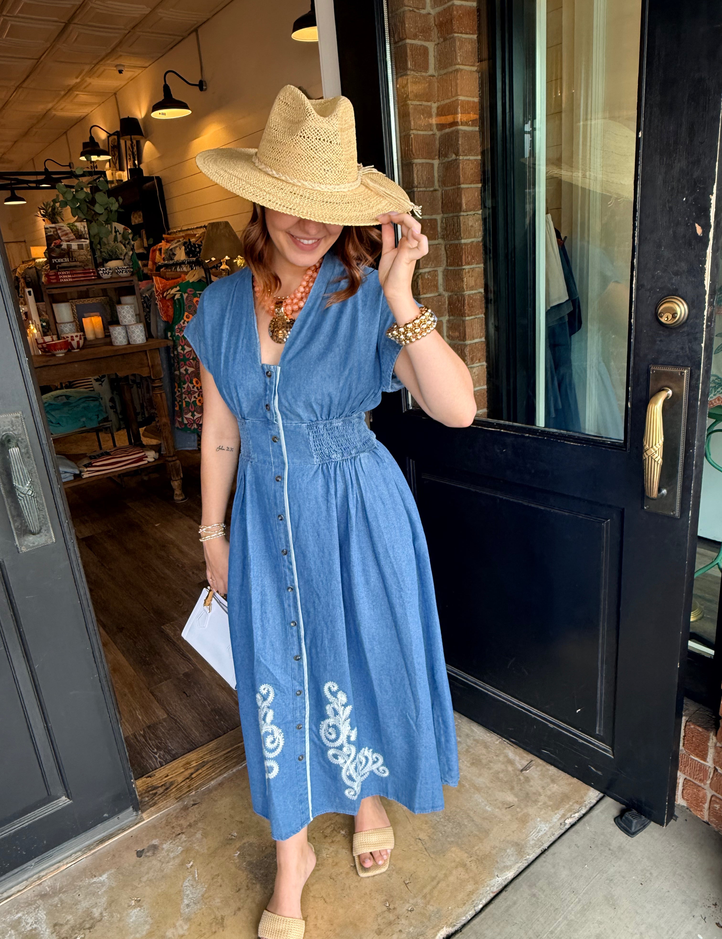 embroidered chambray dress Tabitha Embroidered Chambray Dress in Mid Wash