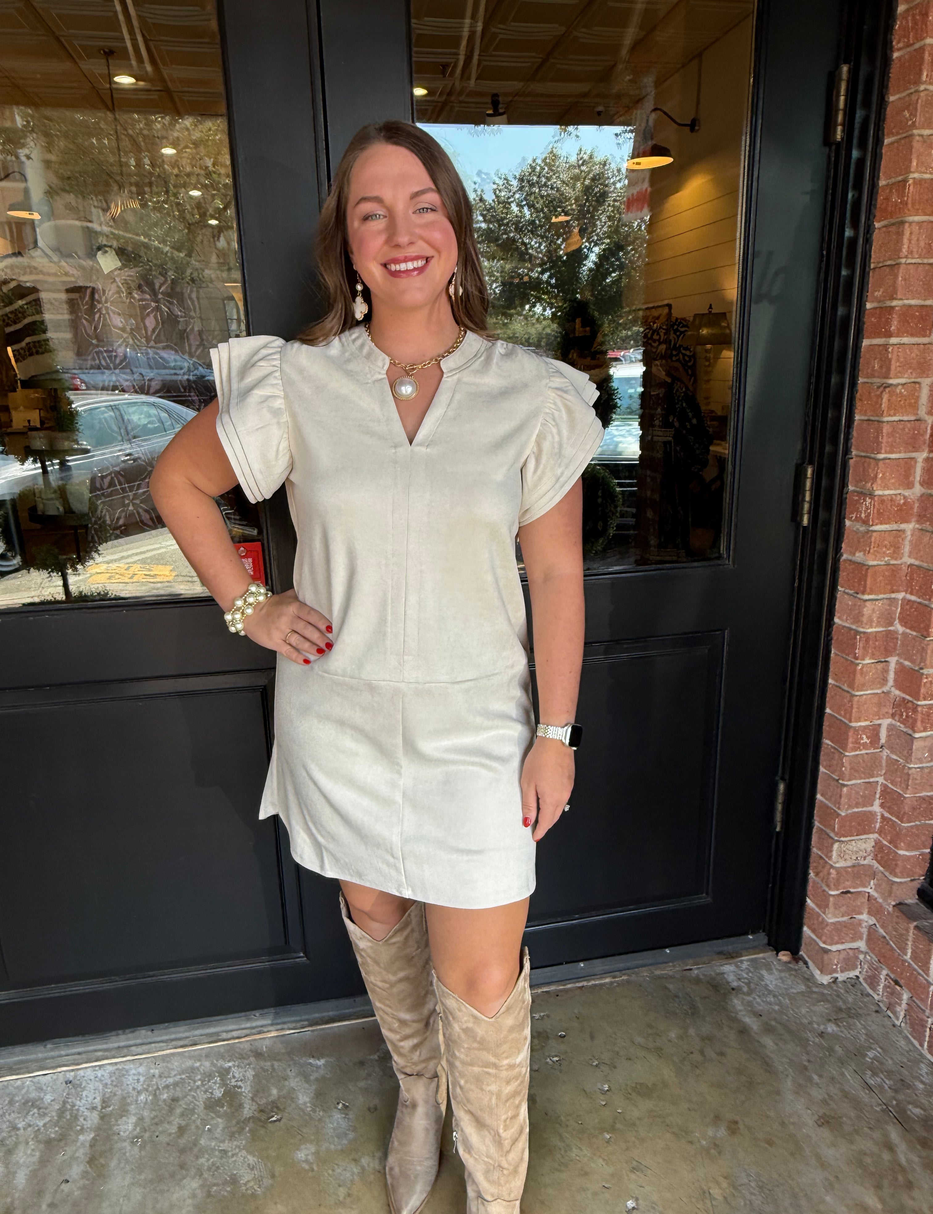 Blake Flutter Sleeve Suede Dress