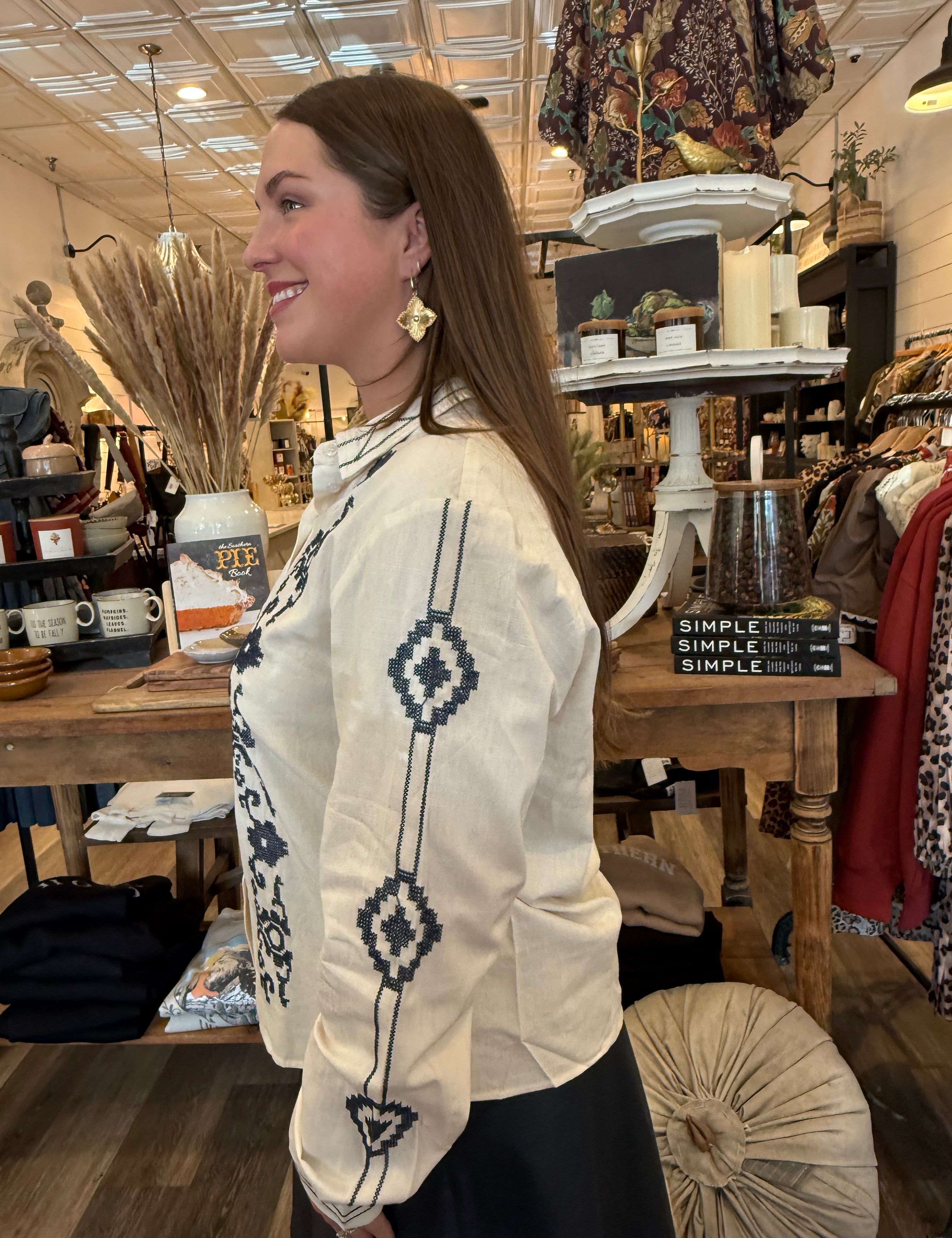 Gigi Embroidered Ecru Top