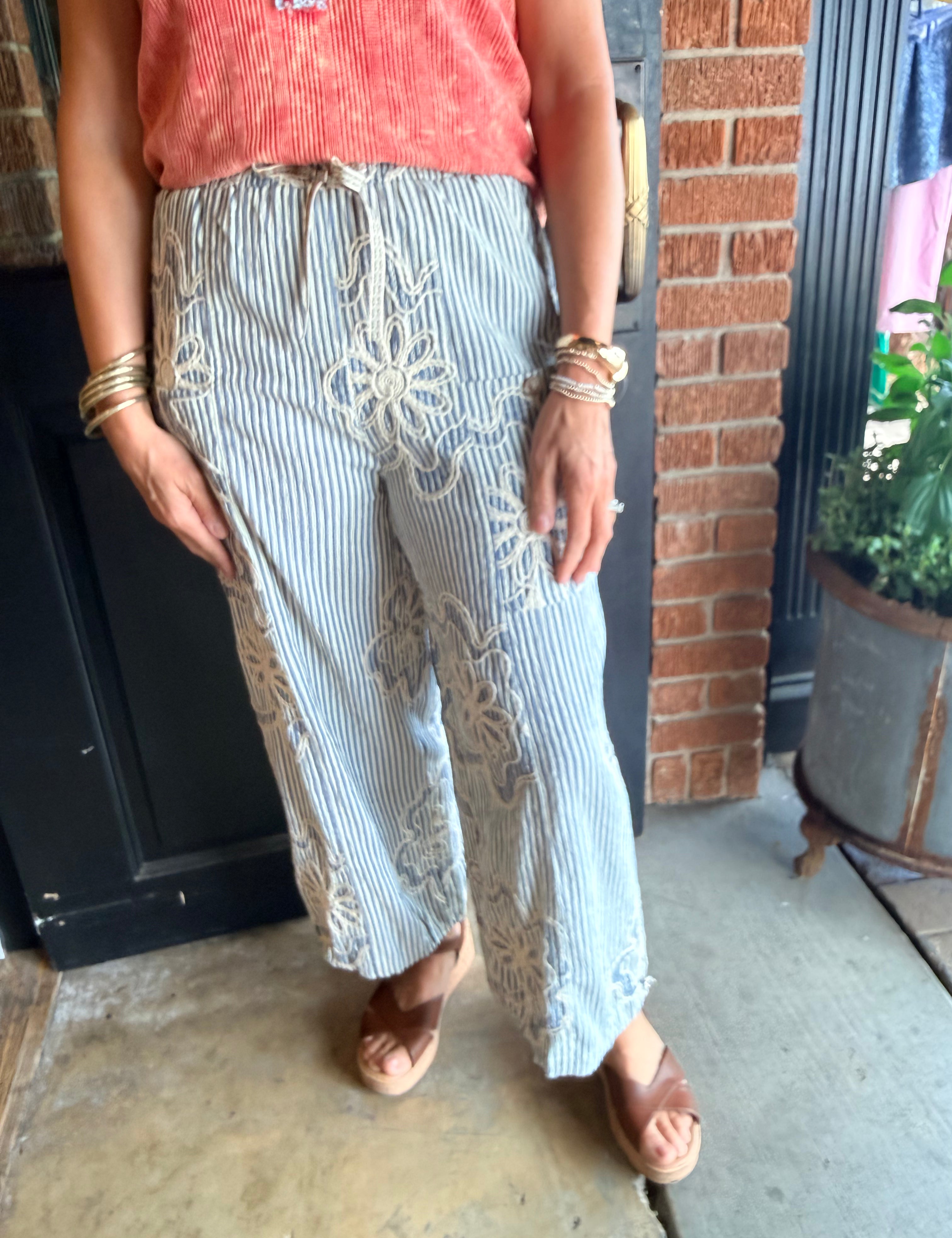 Kara Embroidered Striped Pants
