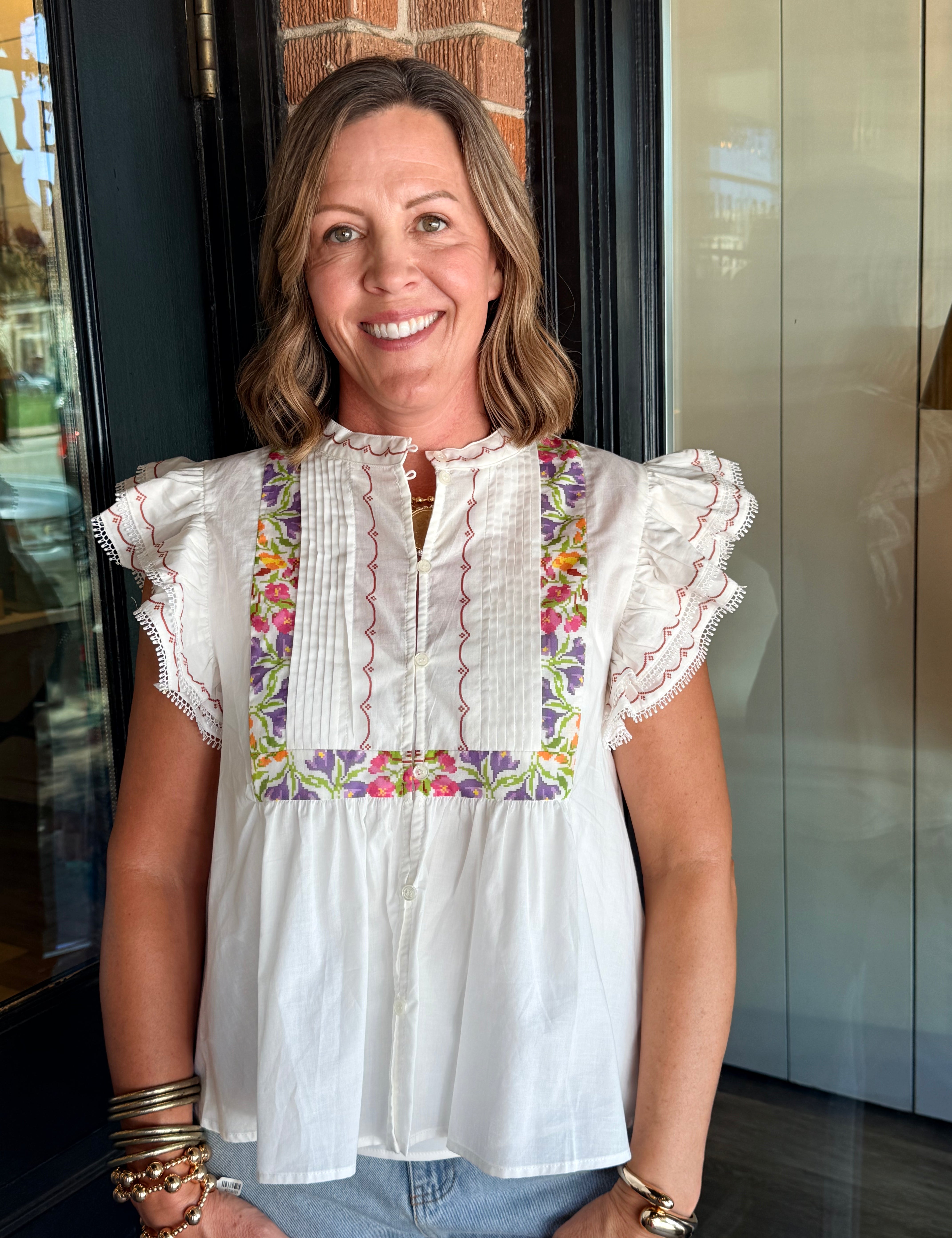 Francie Embroidered Flutter Sleeve Blouse