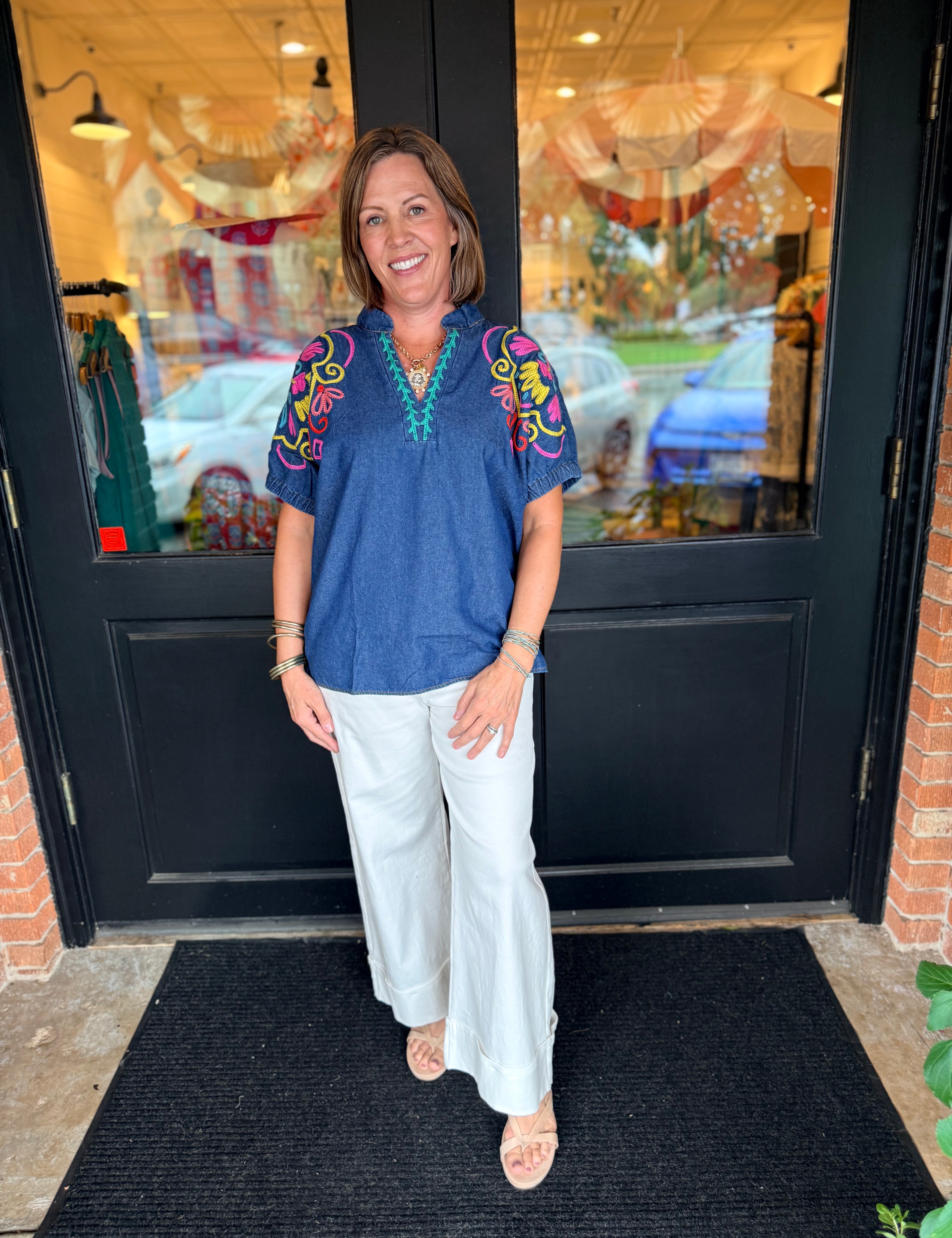 Lynda Embroidered Denim Top