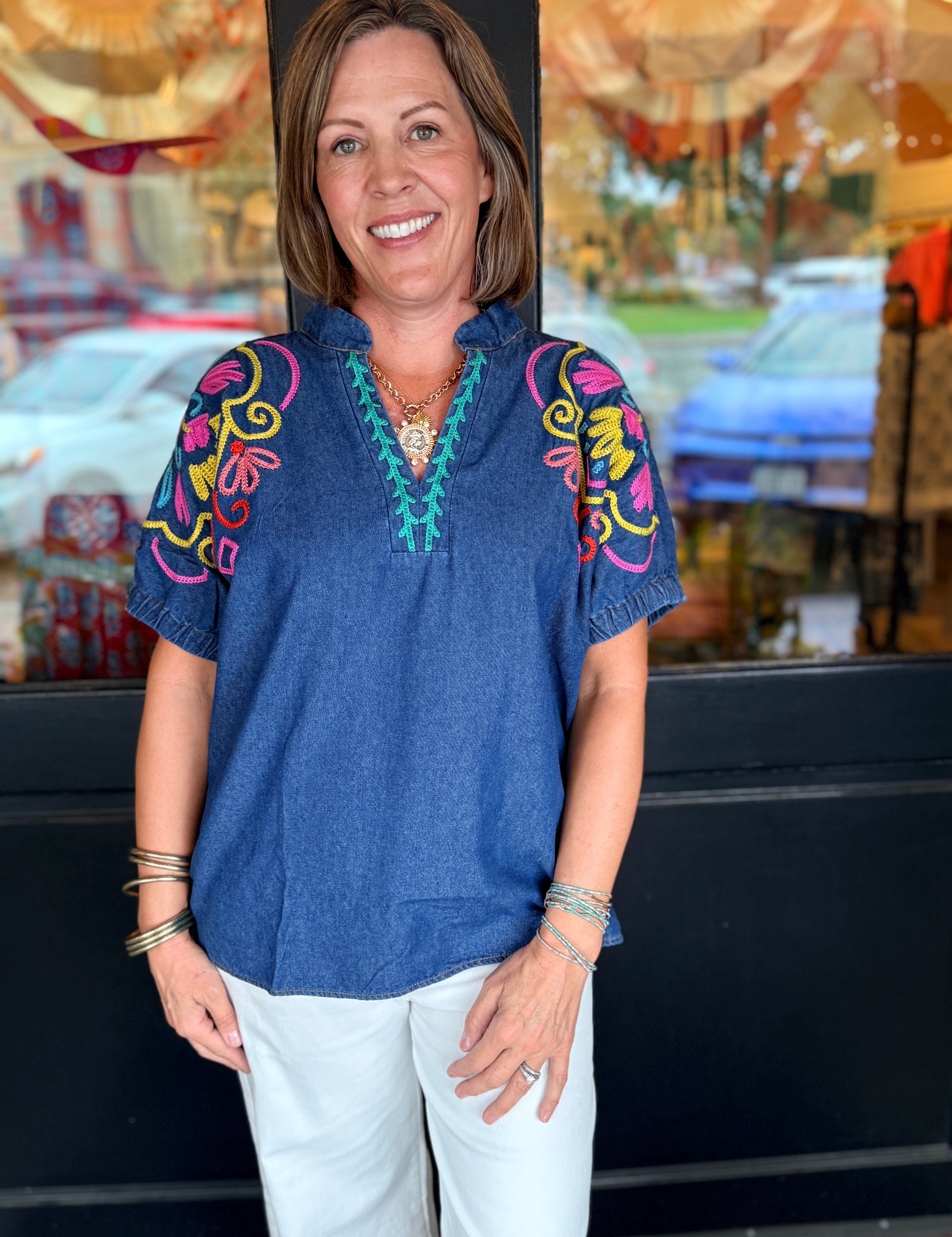 Lynda Embroidered Denim Top