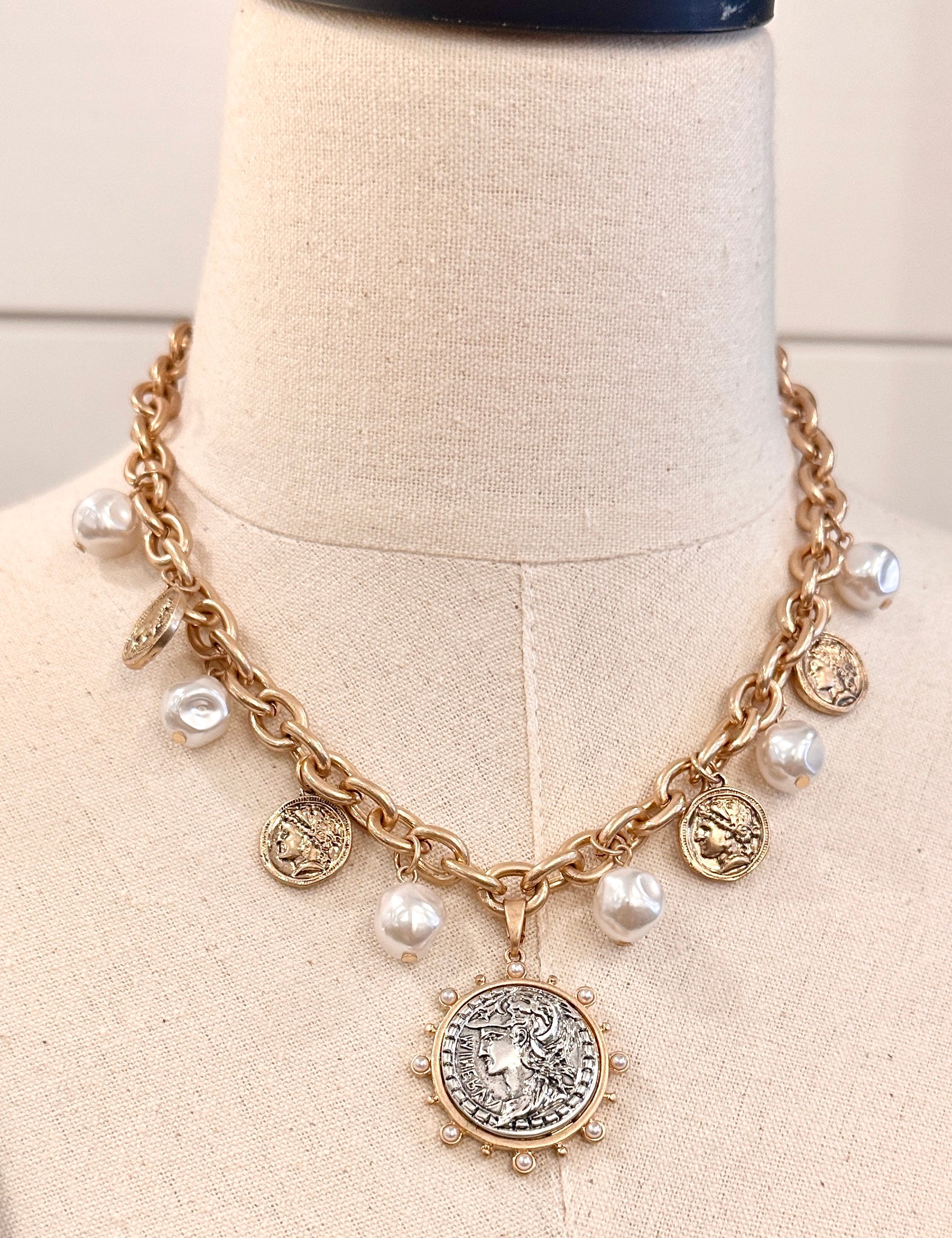 Pearl & Coin Charm Necklace