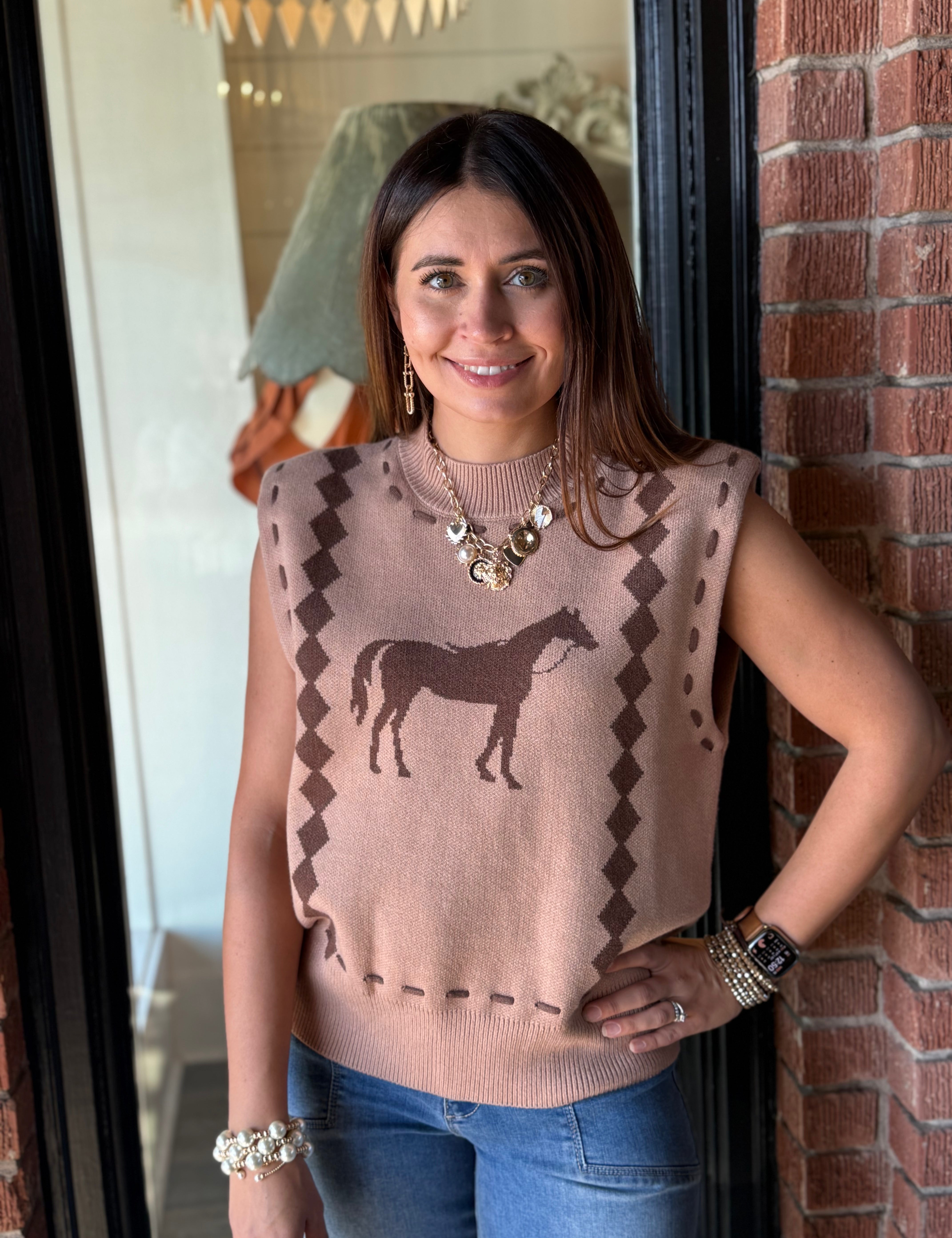 Hannah Horse Knit Vest-Camel