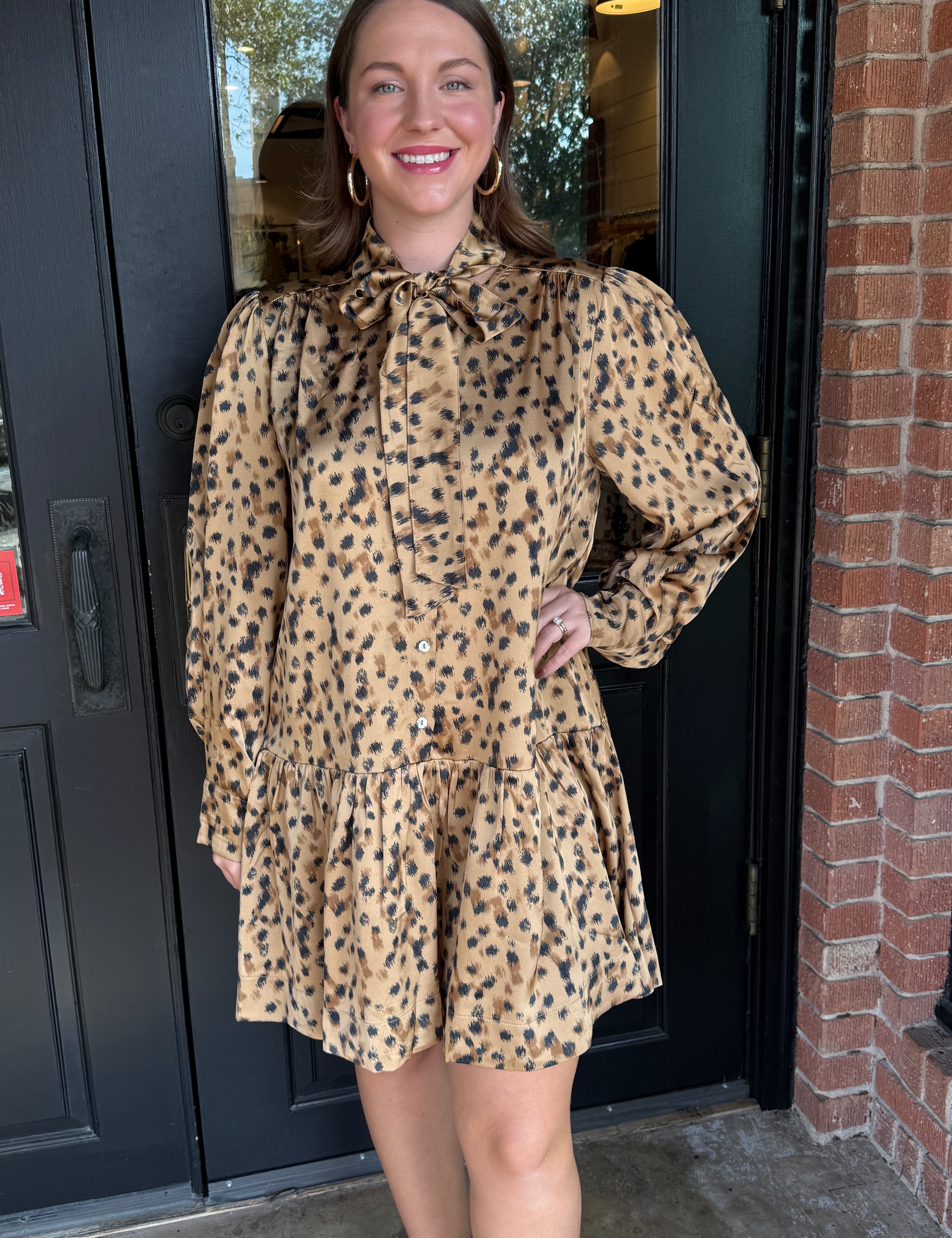 Lindsy Leopard Tie Neck Mini Dress