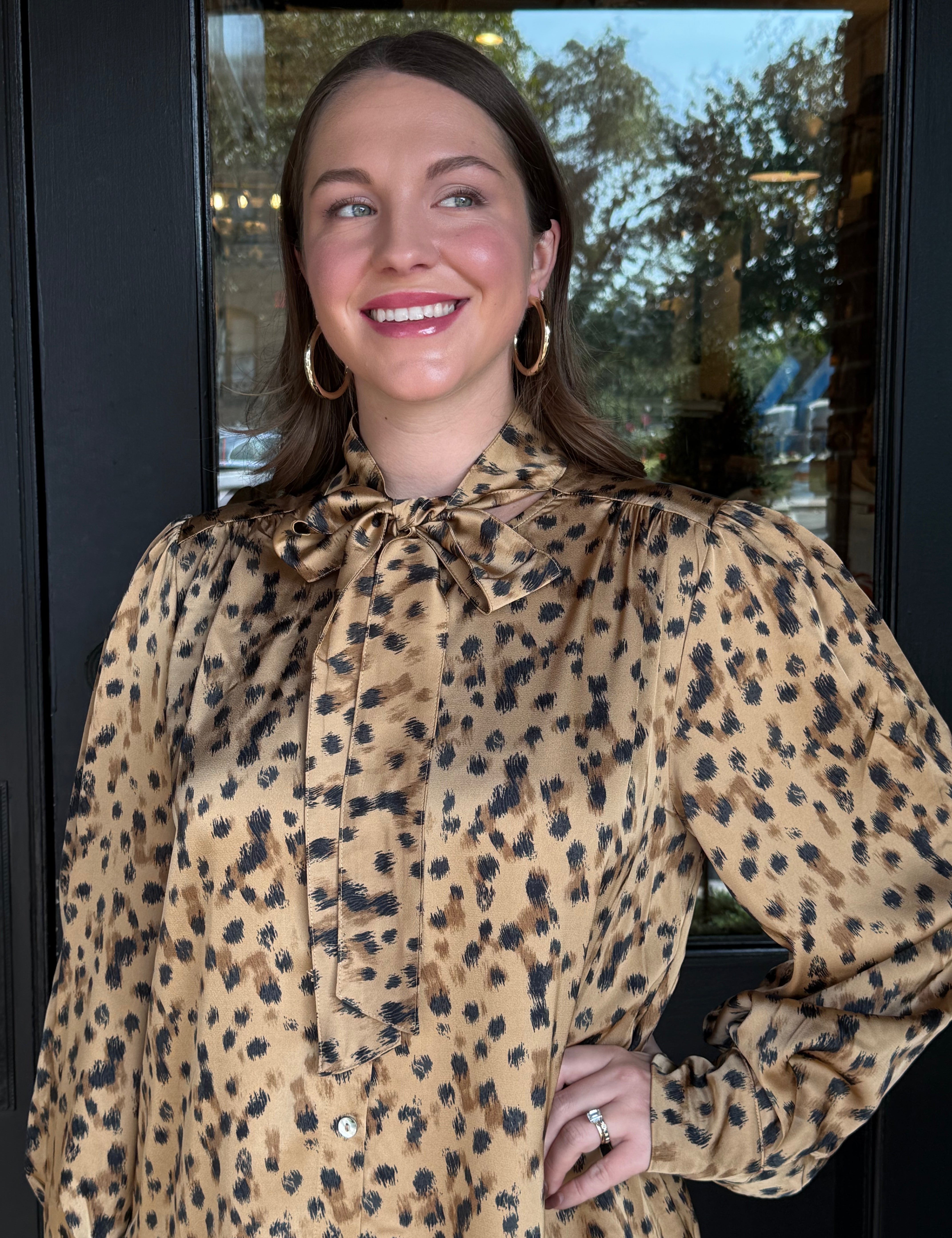 Lindsy Leopard Tie Neck Mini Dress