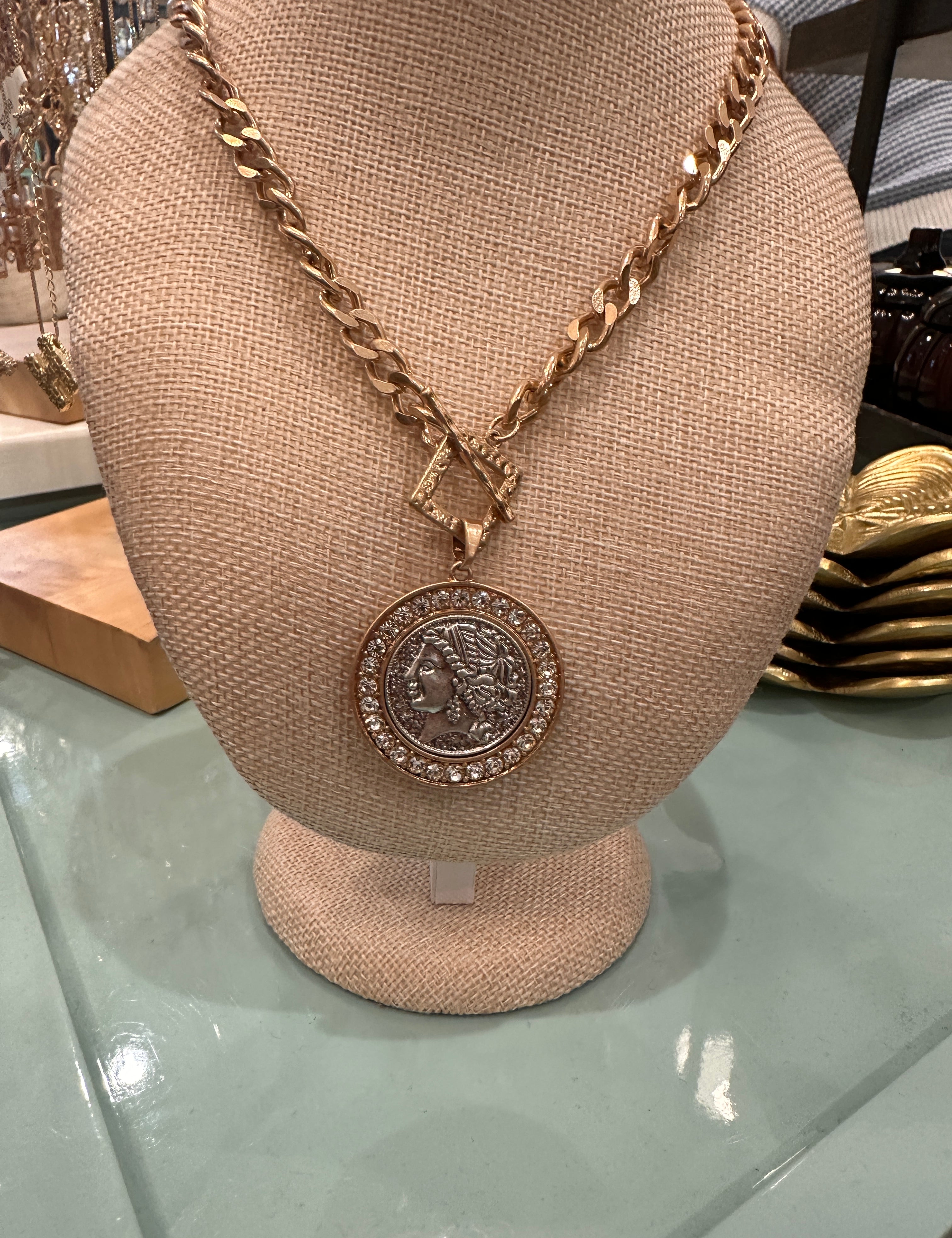 Roman Coin Necklace w/ Rhinestones
