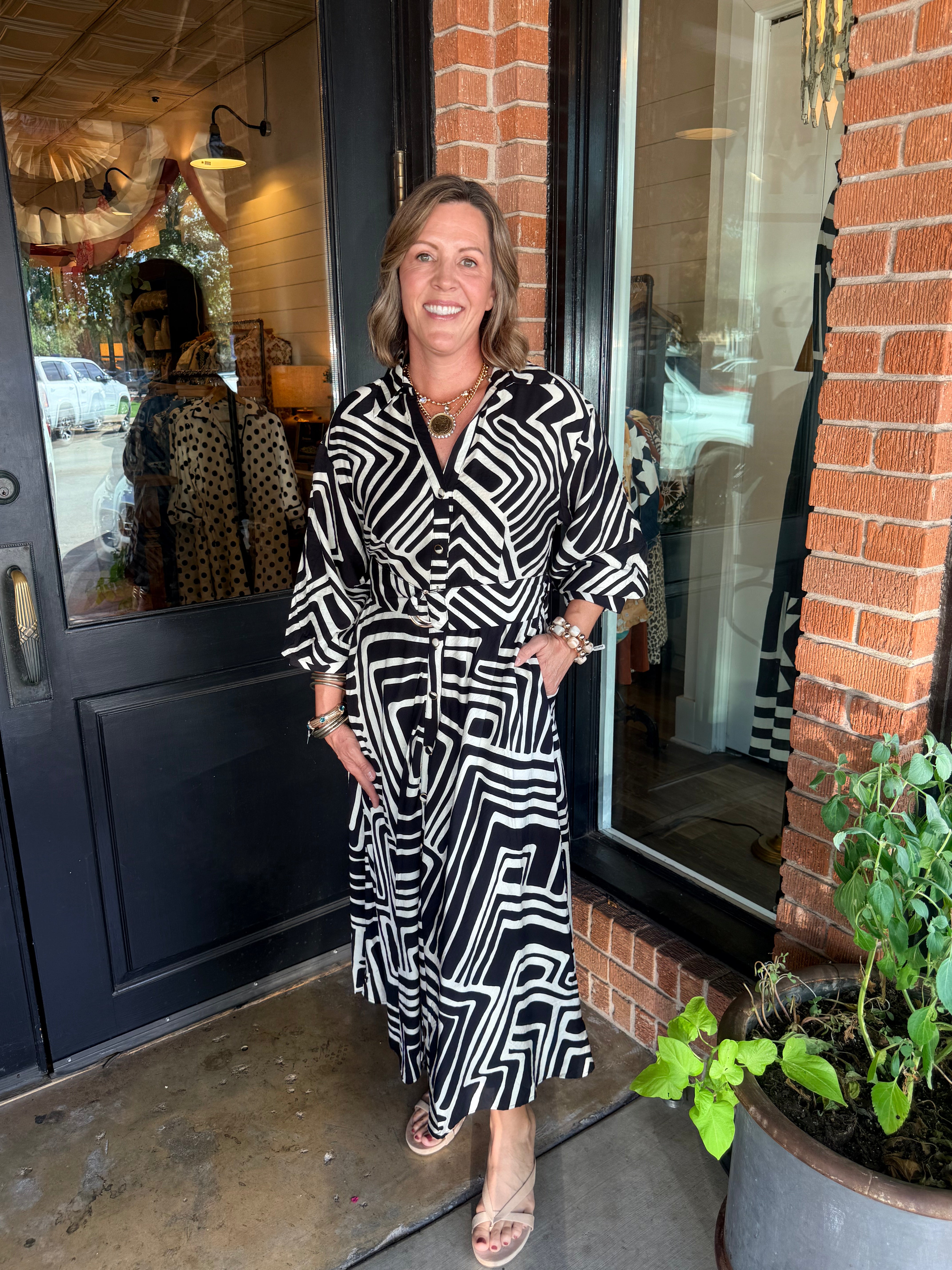Sally Geometric Belted Midi Dress