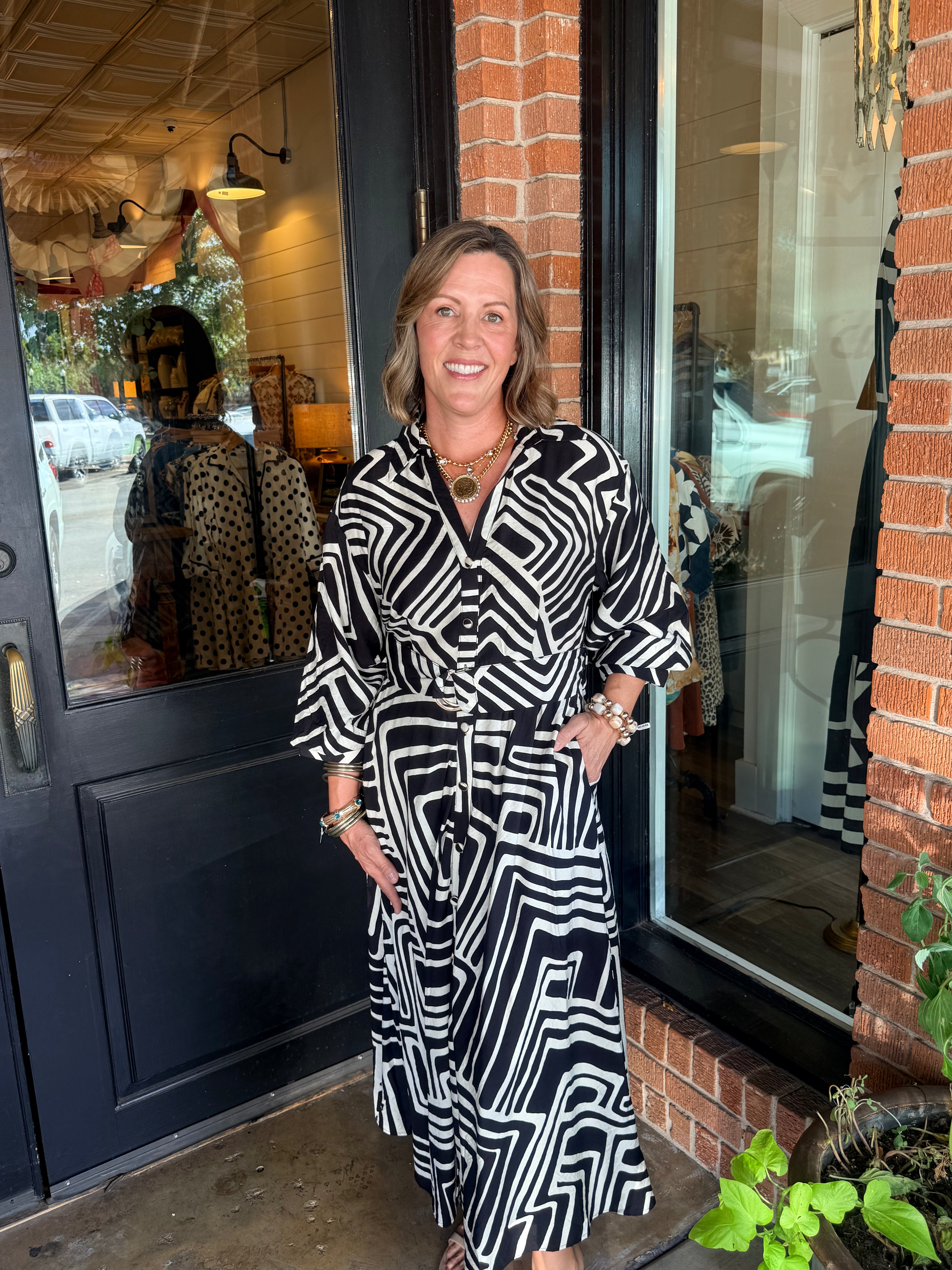 Sally Geometric Belted Midi Dress