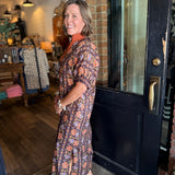Shari Floral Stripe Balloon Sleeve Midi Dress