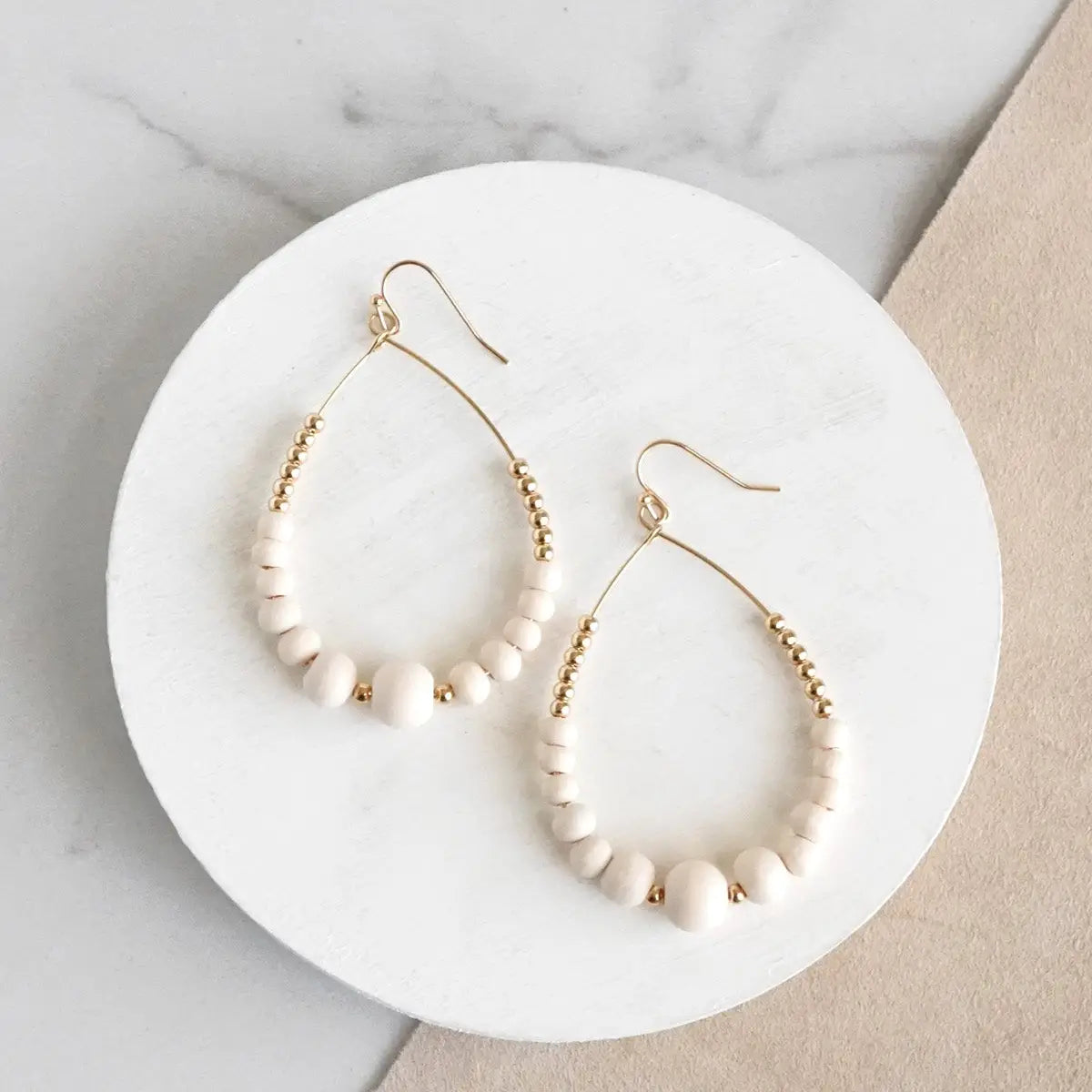 Natural Wood & Gold Beaded Teardrop Hoop Earrings