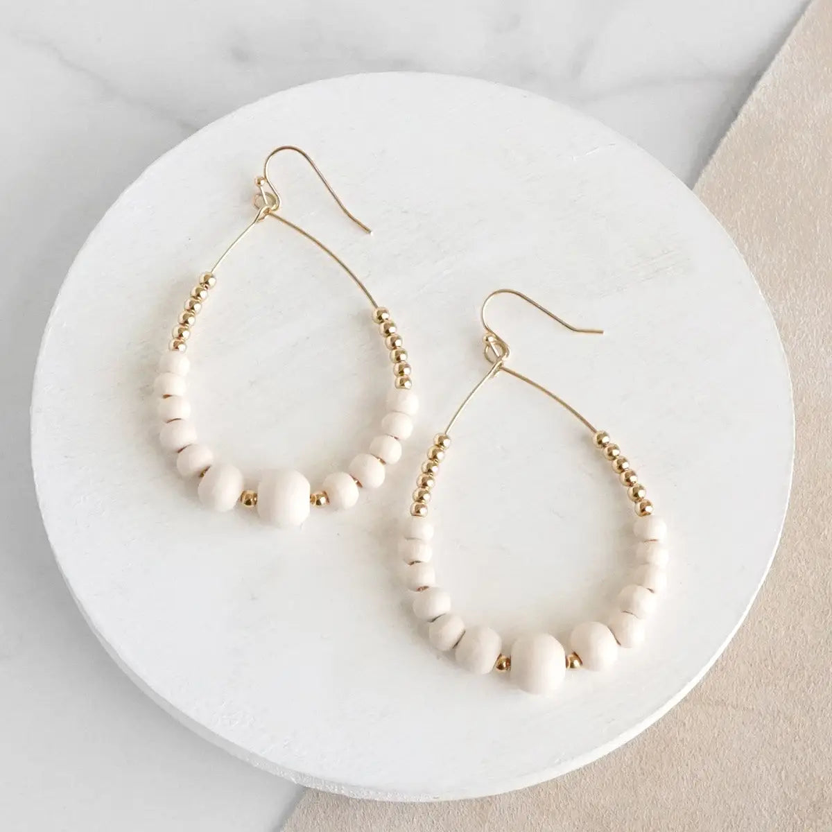 Natural Wood & Gold Beaded Teardrop Hoop Earrings