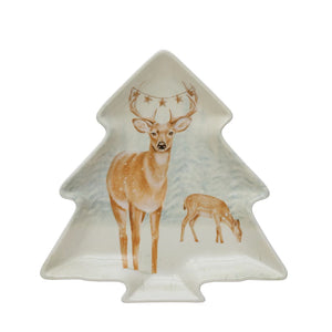 Tree Shaped Ceramic Plate with Deer
